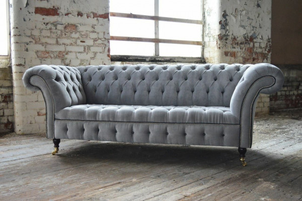 Stylowa szara sofa Chesterfield 3-miejsce do siedzenia, luksusowa sofa do salonu