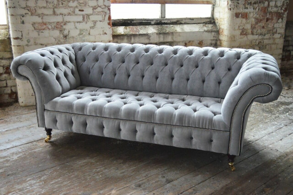 Stylowa szara sofa Chesterfield 3-miejsce do siedzenia, luksusowa sofa do salonu