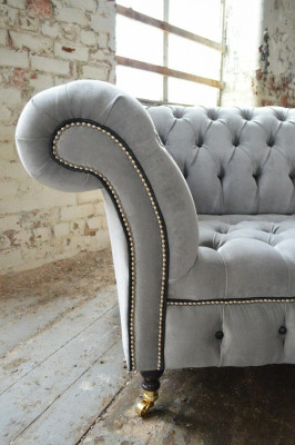 Stylowa szara sofa Chesterfield 3-miejsce do siedzenia, luksusowa sofa do salonu