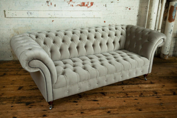 Stylowy trzyosobowy luksusowy pokój dzienny Chesterfield w kolorze jasnoszarym 3-miejsce siedzące