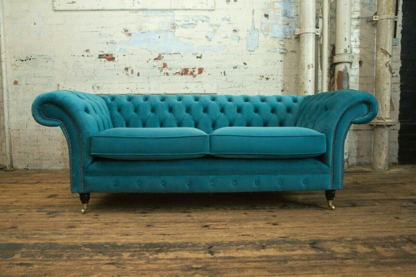 Turkusowa kanapa Chesterfield Designerska 3-miejsce siedzące Luksusowa Sofa do Salonu