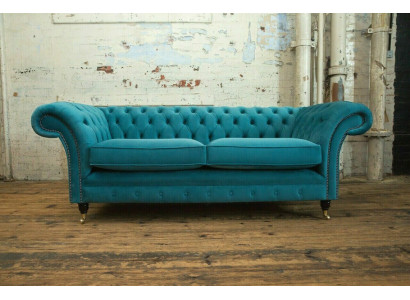 Turkusowa kanapa Chesterfield Designerska 3-miejsce siedzące Luksusowa Sofa do Salonu