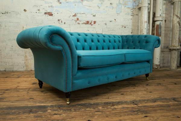 Turkusowa kanapa Chesterfield Designerska 3-miejsce siedzące Luksusowa Sofa do Salonu