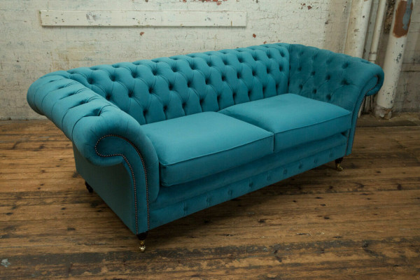 Turkusowa kanapa Chesterfield Designerska 3-miejsce siedzące Luksusowa Sofa do Salonu