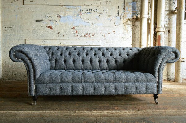 Szara Włókienniczy Chesterfield trzyosobowa luksusowa designerska kanapa 3-osobowa