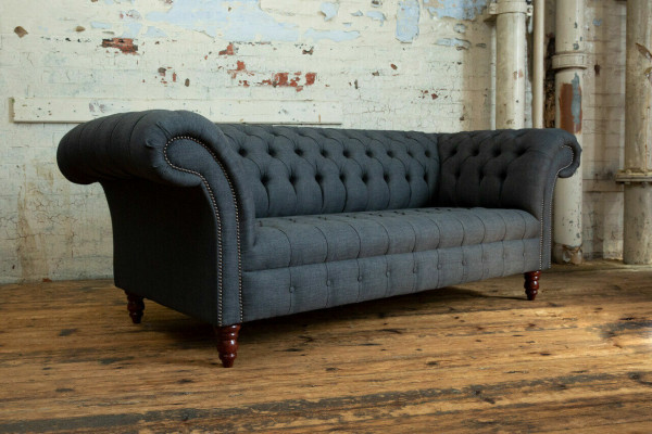 Szara Sofa Włókiennicza Szara Trzyosobowa Luksusowa Sofa Chesterfield do Salonu