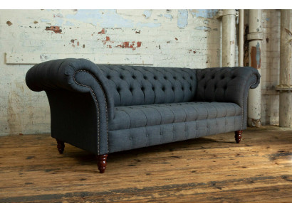 Szara Sofa Włókiennicza Szara Trzyosobowa Luksusowa Sofa Chesterfield do Salonu
