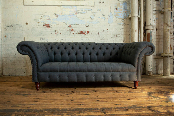 Szara Sofa Włókiennicza Szara Trzyosobowa Luksusowa Sofa Chesterfield do Salonu