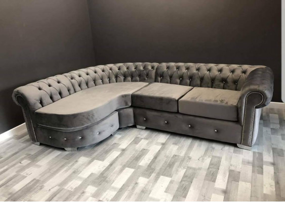 Szary Sofa do salonu Chesterfield Podkładka Siedziba Ustawić Narożnik Grupa