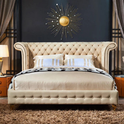 Classic Sypialnia Łóżko Beige Włókienniczy Skóra Podkładka Podwójne łóżko 180x200cm