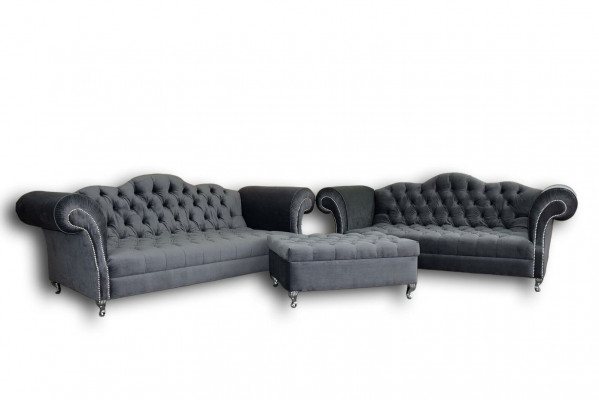 Zestaw sofowy 3+2 osobowy + Sofa Stołek Chesterfield Materiał Skóra Kanapy