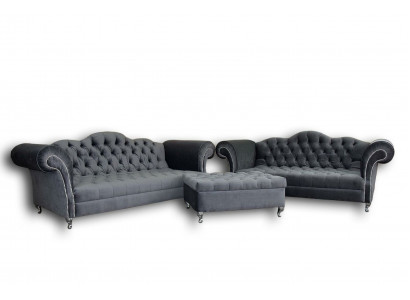 Zestaw sofowy 3+2 osobowy + Sofa Stołek Chesterfield Materiał Skóra Kanapy