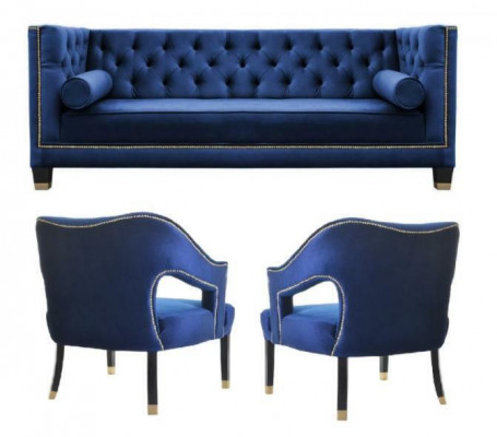 Luksusowy zestaw wypoczynkowy Chesterfield w kolorze niebieskim Fotel + zestaw trzyosobowy 3+1+1
