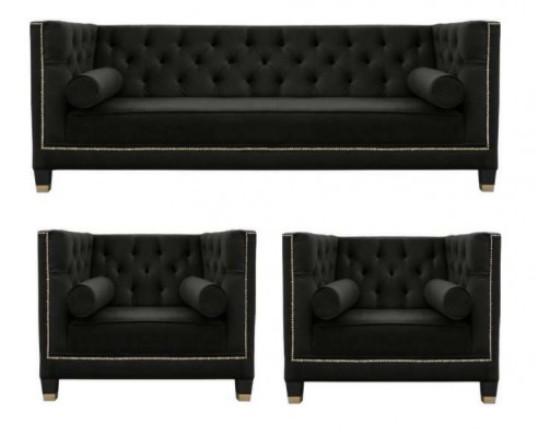 Czarny zestaw sofowy do salonu Chesterfield Fotel trzyosobowy 3-częściowy