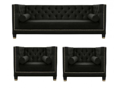 Czarny zestaw sofowy do salonu Chesterfield Fotel trzyosobowy 3-częściowy