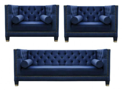 Chesterfield Blue Zestaw sofowy 3-częściowy zestaw Kanapa Obcios Siedziba Podkładka Grupa