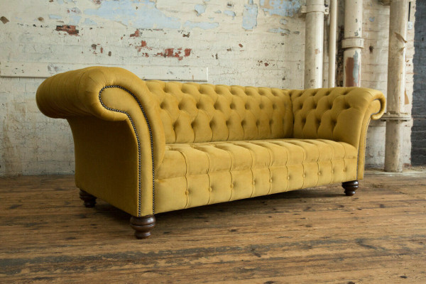 Żółta designerska trzyosobowa kanapa Chesterfield, luksusowa 3-osobowa sofa do salonu