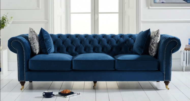 Niebieska sofa Chesterfield Luksusowa kanapa do salonu Sofa materiałowa