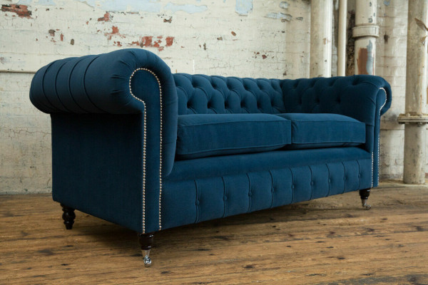 Niebieska luksusowa podkładka Chesterfield trzyosobowa designerska kanapa 3-osobowa