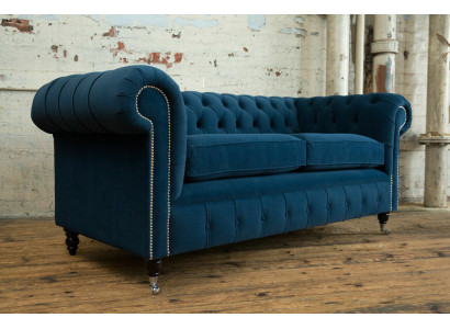 Niebieska luksusowa podkładka Chesterfield trzyosobowa designerska kanapa 3-osobowa