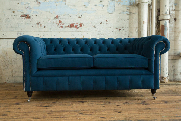 Niebieska luksusowa podkładka Chesterfield trzyosobowa designerska kanapa 3-osobowa