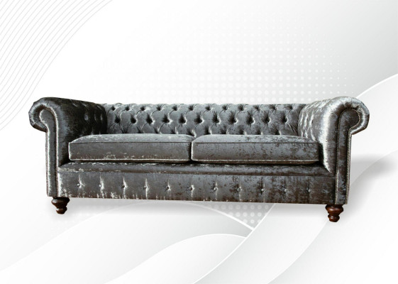 Sofa trzyosobowa 3 Siedziba Couch Chesterfield Podkładka Siedziba Ustawić Aksamit Szary Aksamit