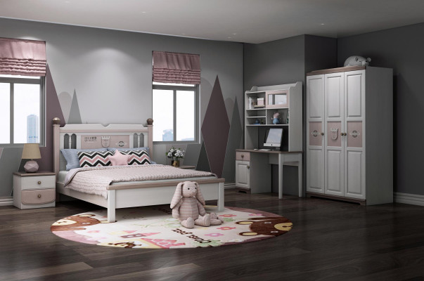 Kompletny zestaw żłobek do pokoju młodzieżowego Łóżko Szafa Kredens Biały 5-częściowy Nowy