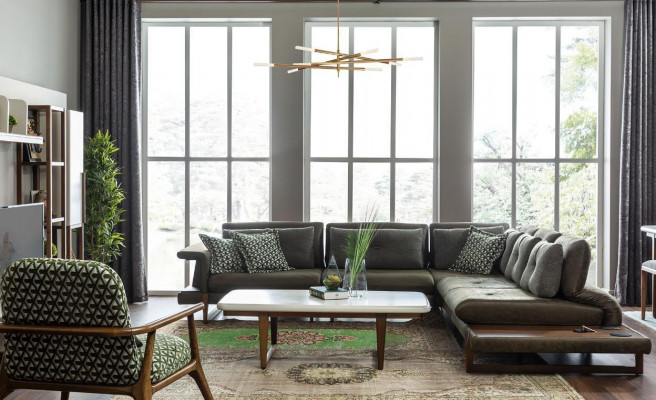 Zestaw do Salonu Luksusowe Meble Sofa w Kształcie L Fotel Włókienniczy Zestaw mebli Nowy