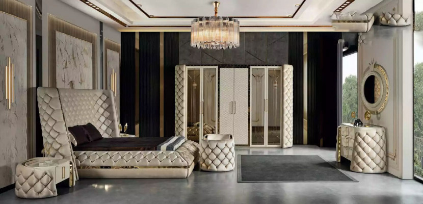 Sypialnia Zestaw Chesterfield Meble Design Łóżko Szafa Lustro 7-częściowy.