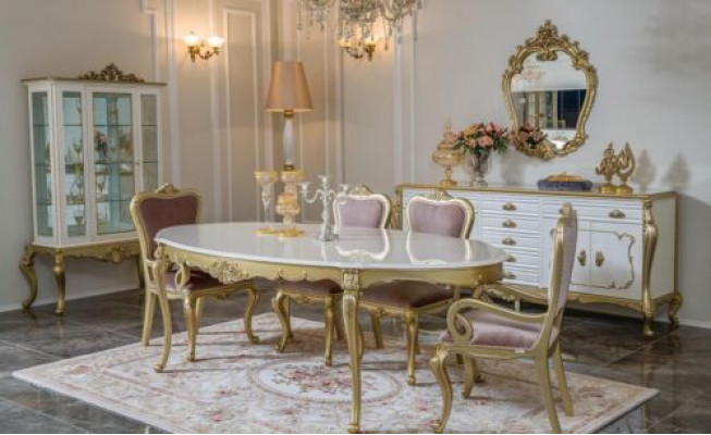 Design zestaw jadalnia 8 szt. Stół obiadowy Krzesło Kredens Gablota Lustro