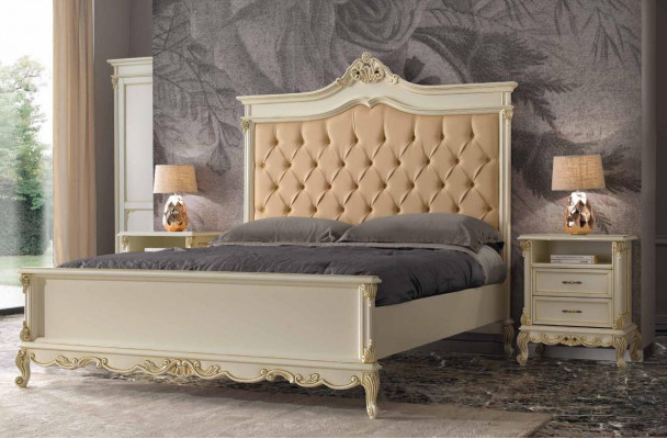 Sypialnia Łóżko z 2 Szafki nocne Grupa Ustawić Zestaw łóżka Chesterfield Solidne drewno