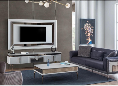Designerski zestaw do salonu 4 sztuki. Tapicerowana sofa pod telewizor stolik kawowy stoły