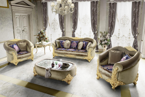 Sofa Podkładka 3 2 1 miejsce do siedzenia Baroque Drewno 3-częściowa. Luksusowe Meble Klasyczny Zestaw sofowy