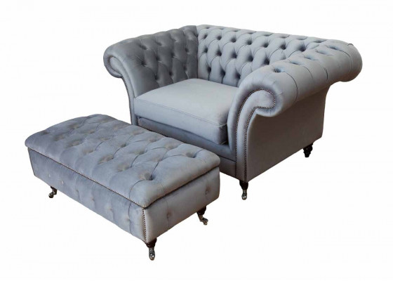 Chesterfield EarsFotel Stołek Fotel Zestaw Podkładek Szary Włókienniczy