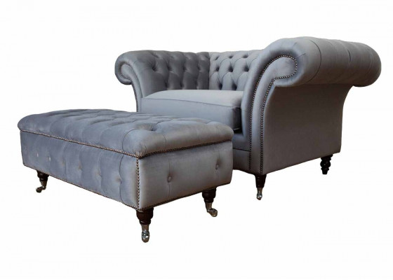 Chesterfield EarsFotel Stołek Fotel Zestaw Podkładek Szary Włókienniczy