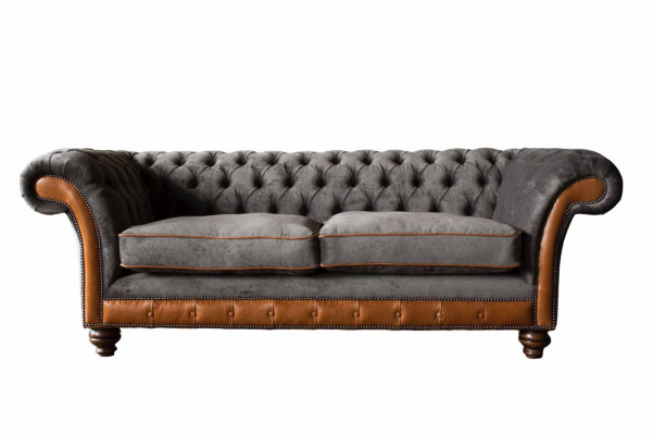 Chesterfield Sofa 3 miejsce do siedzenia Design Couch Podkładka Material Podkładka Szara