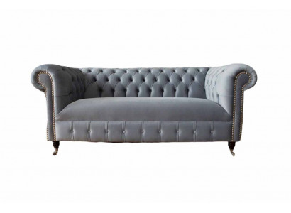 Chesterfield Szara Kanapa Sofa Trzyosobowa Kanapy Sofy Aksamit Meble 230cm
