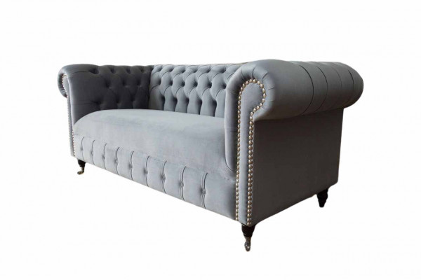 Chesterfield Szara Kanapa Sofa Trzyosobowa Kanapy Sofy Aksamit Meble 230cm