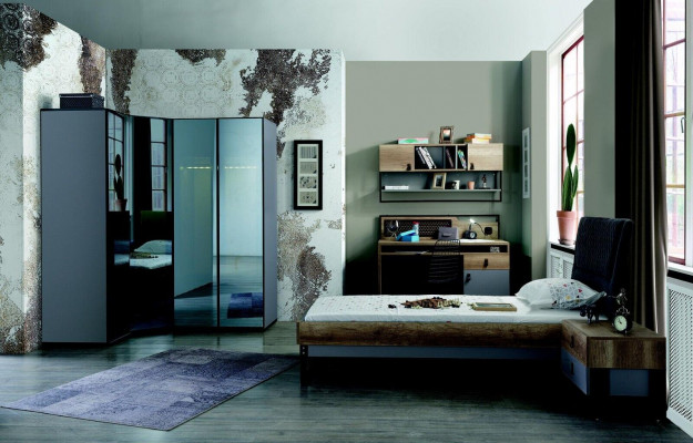 Zestaw do pokoju młodzieżowego Szafka narożna Łóżko Stolik nocny Biurko Meble 4-szt. Nowość