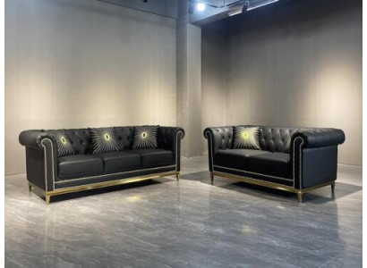 Zestaw wypoczynkowy Black Chesterfield luksusowy zestaw 3+2 miejsce do siedzenia 2-częściowy.