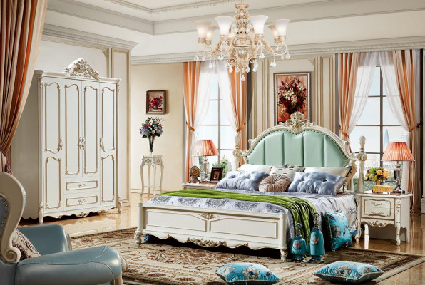Łóżko Niebieskie Piękny Elegancki Design Sypialnia Podkładka Skóra łóżka