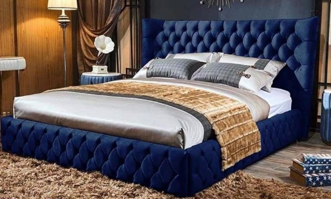 łóżko Chesterfield Desi180x200gn Podwójne łóżko Meble Podkładka Włókienniczy Blue Łóżko Nowe