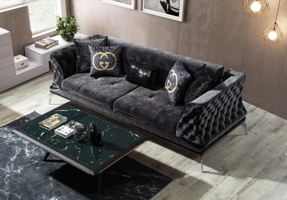 Czarna kanapa Sofa Ustawić 3+1 Siedziba Chesterfield Living Room Podkładka