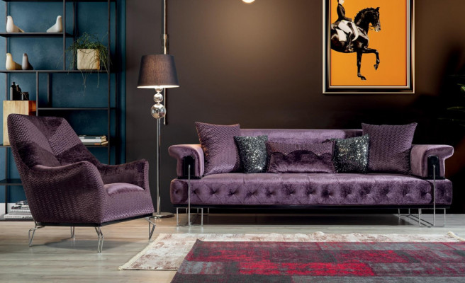 Fioletowa Sofa Ustawić 3+1 Siedziba Chesterfield Living Room Podkładka
