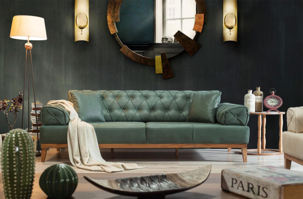 Sofa Chesterfield 3 Siedziba Kanapy Trzyosobowa Zielona Nowa Włókienniczy Drewno 220cm