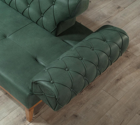 Sofa Chesterfield 3 Siedziba Kanapy Trzyosobowa Zielona Nowa Włókienniczy Drewno 220cm