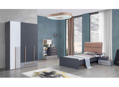 Zestaw do Pokoju Młodzieżowego Szare Łóżko Stolik nocny Szafa Design Nowy 4-częściowy.