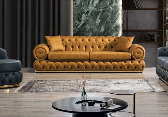 Sofa 3 miejsce do siedzenia Chesterfield Podkładka Sofy Trzyosobowa Skóra Salon Niebieskie Meble