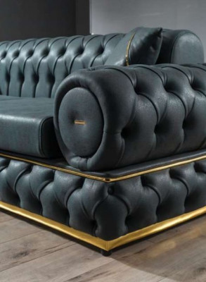 Sofa 3 miejsce do siedzenia Chesterfield Podkładka Sofy Trzyosobowa Skóra Salon Niebieskie Meble