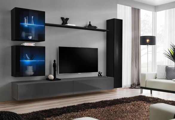 Luksusowy komplet designerski Jednostka ścienna Czarny 3x szafka wisząca ze stojakiem TV
